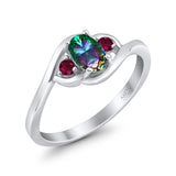 Three Stone Engagement Ring Oval Cut Round Simulated Ruby Cubic Zirconia 925 Sterling Silver