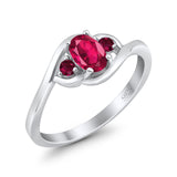 Three Stone Engagement Ring Oval Cut Round Simulated Ruby Cubic Zirconia 925 Sterling Silver