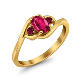 Three Stone Engagement Ring Oval Cut Round Simulated Ruby Cubic Zirconia 925 Sterling Silver