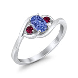 Three Stone Engagement Ring Oval Cut Round Simulated Ruby Cubic Zirconia 925 Sterling Silver