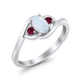 Three Stone Engagement Ring Oval Cut Round Simulated Ruby Cubic Zirconia 925 Sterling Silver