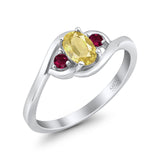Three Stone Engagement Ring Oval Cut Round Simulated Ruby Cubic Zirconia 925 Sterling Silver