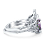 Two Piece Vintage Style Wedding Engagement Bridal Set Ring Band Oval Simulated Cubic Zirconia 925 Sterling Silver
