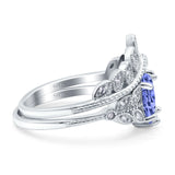 Two Piece Vintage Style Wedding Engagement Bridal Set Ring Band Oval Simulated Cubic Zirconia 925 Sterling Silver
