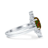 Two Piece Vintage Style Art Deco Wedding Bridal Set Ring Band Oval Simulated Cubic Zirconia 925 Sterling Silver