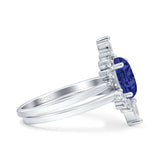 Two Piece Vintage Style Art Deco Wedding Bridal Set Ring Band Oval Simulated Cubic Zirconia 925 Sterling Silver