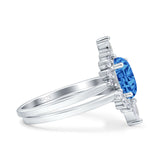 Two Piece Vintage Style Art Deco Wedding Bridal Set Ring Band Oval Simulated Cubic Zirconia 925 Sterling Silver