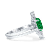 Two Piece Vintage Style Art Deco Wedding Bridal Set Ring Band Oval Simulated Cubic Zirconia 925 Sterling Silver
