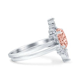 Two Piece Vintage Style Art Deco Wedding Bridal Set Ring Band Oval Simulated Cubic Zirconia 925 Sterling Silver