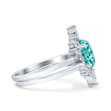 Two Piece Vintage Style Art Deco Wedding Bridal Set Ring Band Oval Simulated Cubic Zirconia 925 Sterling Silver