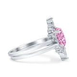 Two Piece Vintage Style Art Deco Wedding Bridal Set Ring Band Oval Simulated Cubic Zirconia 925 Sterling Silver