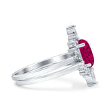 Two Piece Vintage Style Art Deco Wedding Bridal Set Ring Band Oval Simulated Cubic Zirconia 925 Sterling Silver