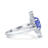 Two Piece Vintage Style Art Deco Wedding Bridal Set Ring Band Oval Simulated Cubic Zirconia 925 Sterling Silver