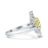 Two Piece Vintage Style Art Deco Wedding Bridal Set Ring Band Oval Simulated Cubic Zirconia 925 Sterling Silver