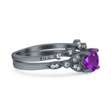 Two Piece Vintage Style Wedding Bridal Set Ring Band Round Simulated Cubic Zirconia 925 Sterling Silver