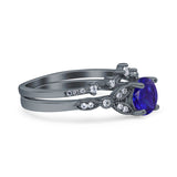 Two Piece Vintage Style Wedding Bridal Set Ring Band Round Simulated Cubic Zirconia 925 Sterling Silver