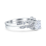Two Piece Vintage Style Wedding Bridal Set Ring Band Round Simulated Cubic Zirconia 925 Sterling Silver