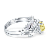 Art Deco Teardrop Pear Leaf Design Wedding Two Piece Ring Simulated Cubic Zirconia Stones 925 Sterling Silver