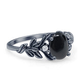Leaf Style Oval Natural Black Onyx Vintage Engagement Ring