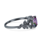 Leaf Oval Vintage Engagement Ring Black tone Rainbow Stone
