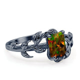 Art Deco Engagement Ring Natural Leaf Design Emerald Cut Cubic Zirconia 925 Sterling Silver