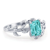 Art Deco Engagement Ring Natural Leaf Design Emerald Cut Cubic Zirconia 925 Sterling Silver