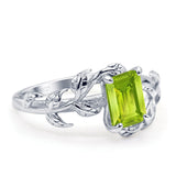 Art Deco Engagement Ring Natural Leaf Design Emerald Cut Cubic Zirconia 925 Sterling Silver