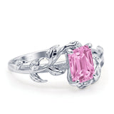 Art Deco Engagement Ring Natural Leaf Design Emerald Cut Cubic Zirconia 925 Sterling Silver