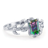 Art Deco Engagement Ring Natural Leaf Design Emerald Cut Cubic Zirconia 925 Sterling Silver