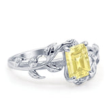 Art Deco Engagement Ring Natural Leaf Design Emerald Cut Cubic Zirconia 925 Sterling Silver