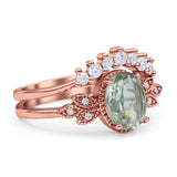 Vintage Oval Natural Green Amethyst Art Deco Bridal Set Engagement Ring