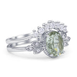 Vintage Oval Natural Green Amethyst Art Deco Bridal Set Engagement Ring