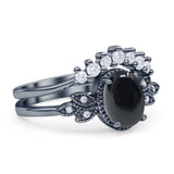 Vintage Oval Natural Black Onyx Art Deco Bridal Set Engagement Ring