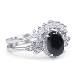 Vintage Oval Natural Black Onyx Art Deco Bridal Set Engagement Ring