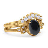 Vintage Oval Natural Black Onyx Art Deco Bridal Set Engagement Ring