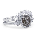 Vintage Oval Natural Rutilated Quartz Art Deco Bridal Set Engagement Ring
