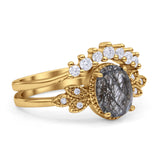 Vintage Oval Natural Rutilated Quartz Art Deco Bridal Set Engagement Ring