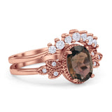 Vintage Oval Natural Smoky Quartz Art Deco Bridal Set Engagement Ring