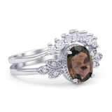 Vintage Oval Natural Smoky Quartz Art Deco Bridal Set Engagement Ring