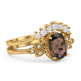 Vintage Oval Natural Smoky Quartz Art Deco Bridal Set Engagement Ring