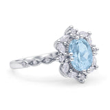 Art Deco Oval Natural Aquamarine Halo Ballerina Style Engagement Ring