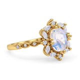 Art Deco Oval Natural Moonstone Halo Ballerina Style Engagement Ring