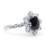 Art Deco Oval Natural Black Onyx Halo Ballerina Style Engagement Ring