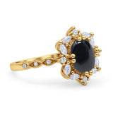 Art Deco Oval Natural Black Onyx Halo Ballerina Style Engagement Ring