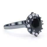 Halo Ballerina Style Oval Natural Black Onyx Solitaire Engagement Ring