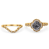 Vintage Style Round Natural Rutilated Quartz Floral Bridal Set Engagement Ring