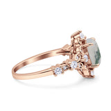 Halo Art Deco Oval Natural Green Moss Agate Engagement Ring