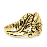 Sunflower Oxidized Sunshine Flower And Leaves Band Solid 925 Sterling Silver Thumb Ring (13mm)