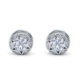 Art Deco Round Halo Engagement Bridal Stud Earrings Simulated CZ 925 Sterling Silver