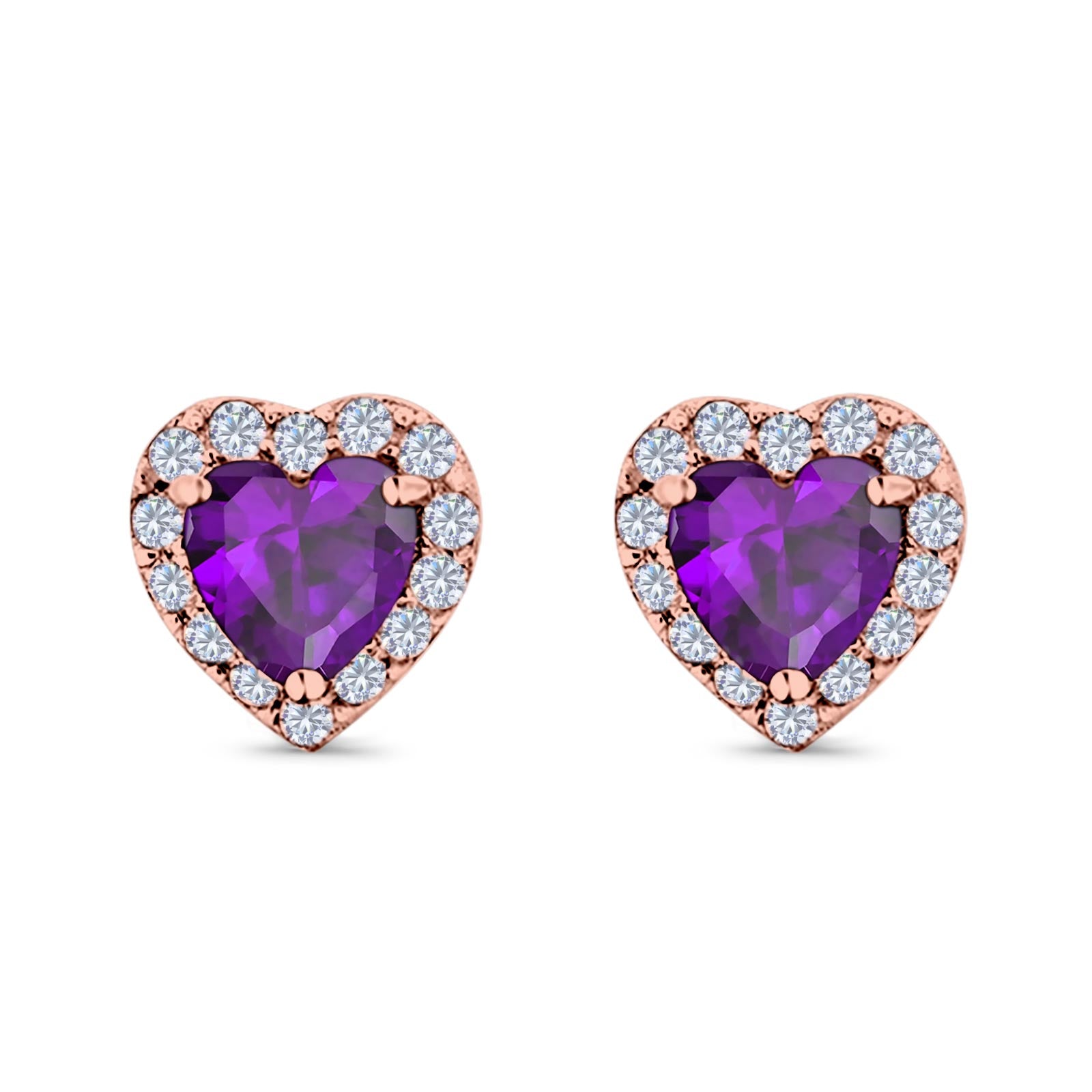 Heart Stud Earrings Simulated Lavender CZ 925 Sterling Silver (4mm